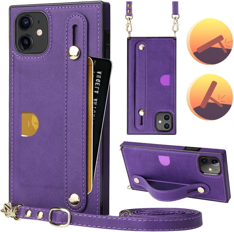 iPhone 11 Case,Crossbody Wallet Case Leather with Hand Strap Holder,Kickstand,Card Holder,Adjustable Removable Shoulder Strap,Square Corners Protective Back Cover Compatible with iPhone 11-Purple