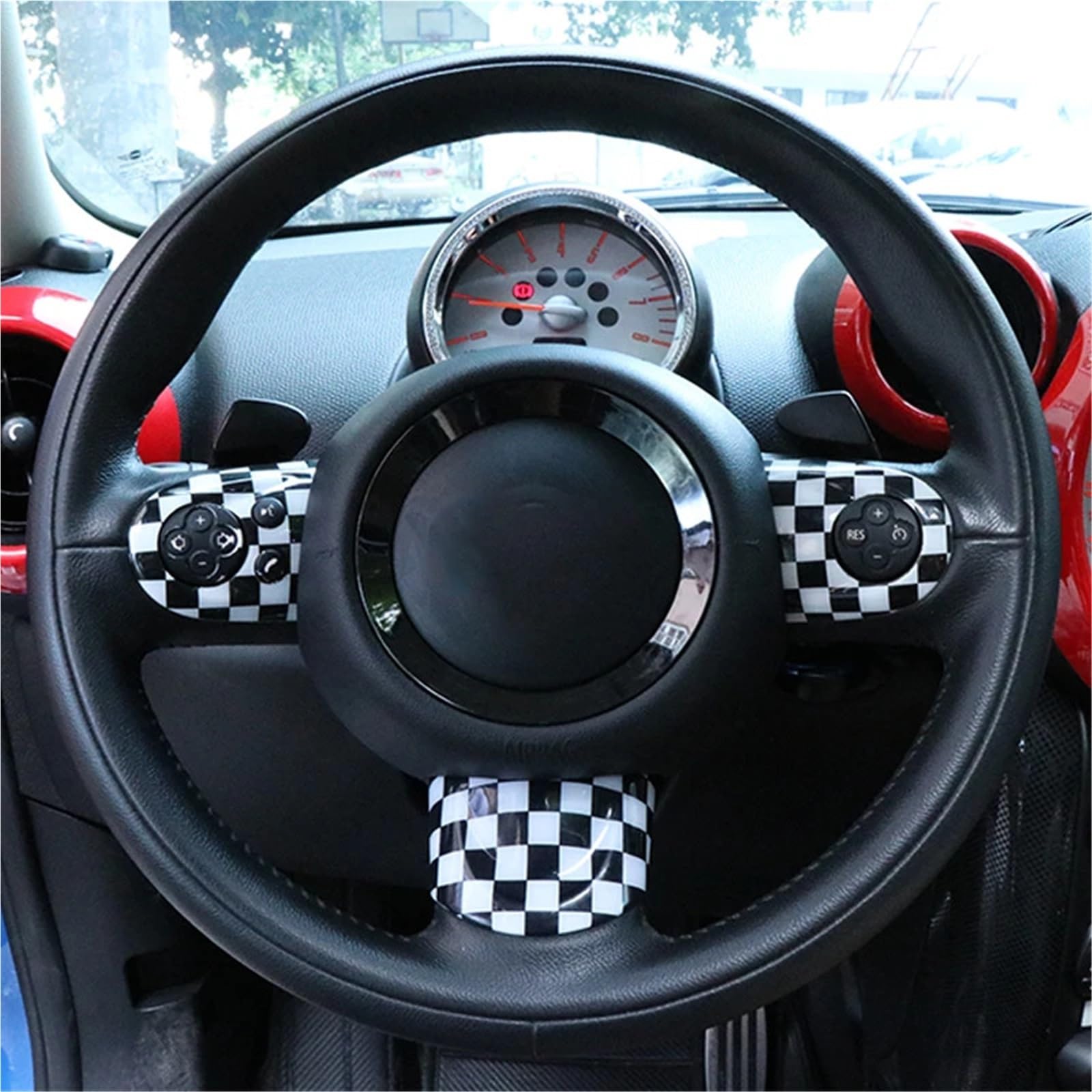 Dla MLNI COOPER R55 R56 R57 R58 R59 R60 R61 Countryman Panel kierownicy samochodu naklejka na guziki obudowa z naklejką(Check,YELLOW)