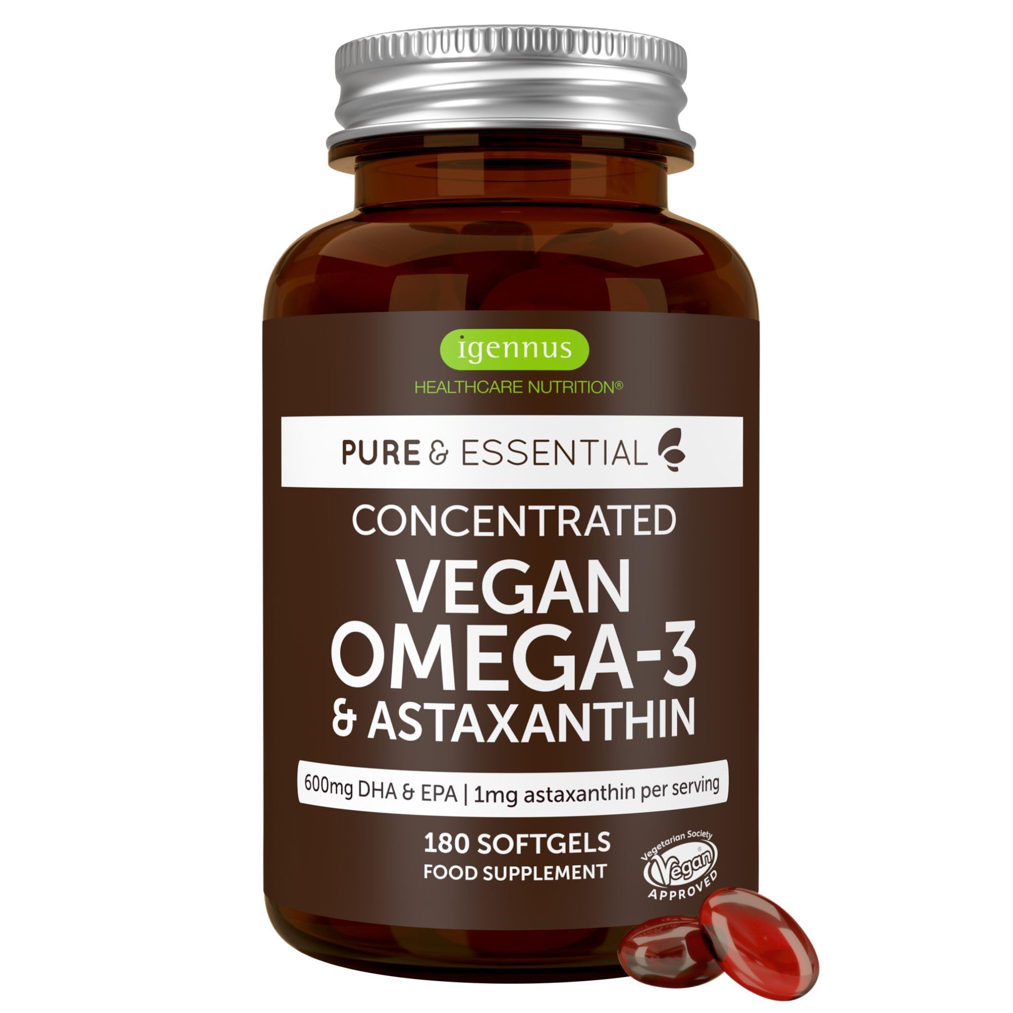 Igennus Oméga-3 Vegan Hautement Concentré À Base D'Huile D'Algues Avec Astaxanthine, Testé En Laboratoire, Ultra Pur Et Durable, Pour Le Soutien Du Cerveau Et Des Yeux, 180 Petites Capsules Molles