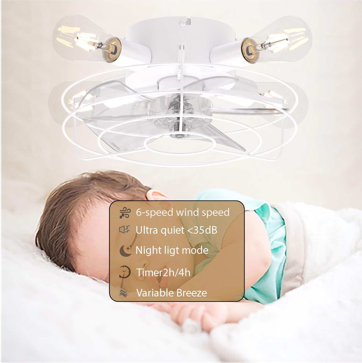 Cage-type embedded ceiling fan with light and remote control, 6-speed speed, industrial modern ceiling fan, suitable for bedroom, dining table, lobby, living room, office (White)