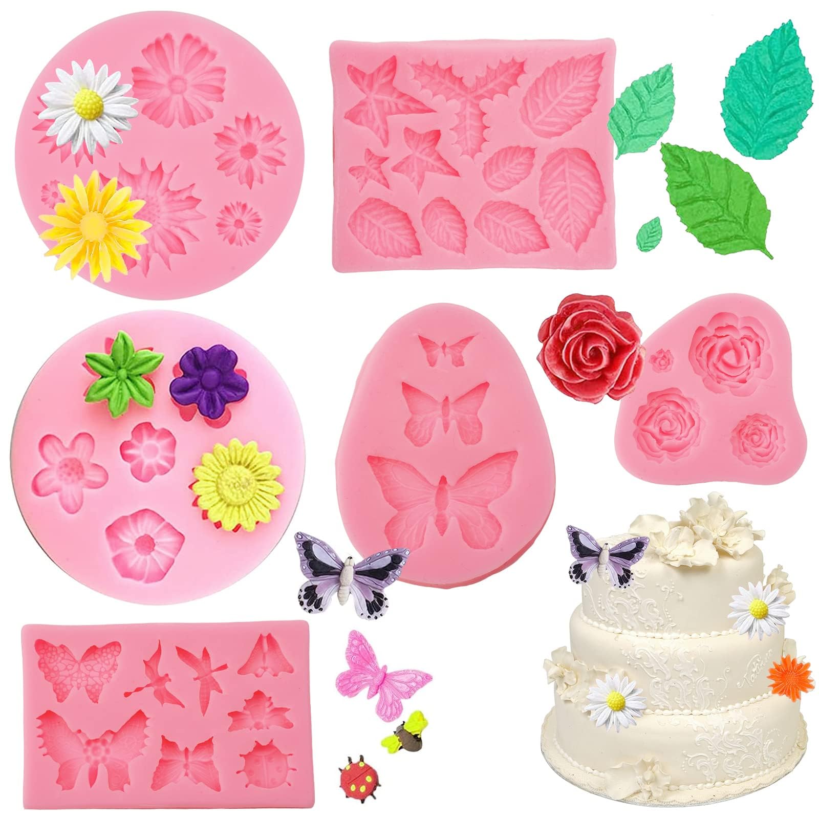 6 Pcs Silicone Fondant Flower Moulds, Cake Decorating Chocolate Wax Trays