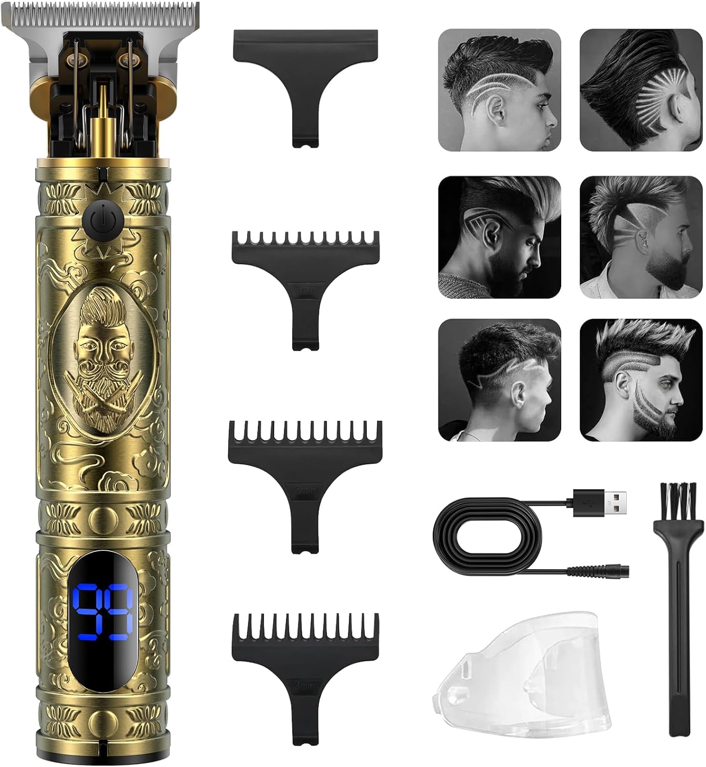 Professionele tondeuse, baardtrimmer, scheerapparaat voor heren, elektrisch, haartrimmer, baardtrimmer, contourtrimmer, tondeuse voor mannen met 4 kammen en led-display