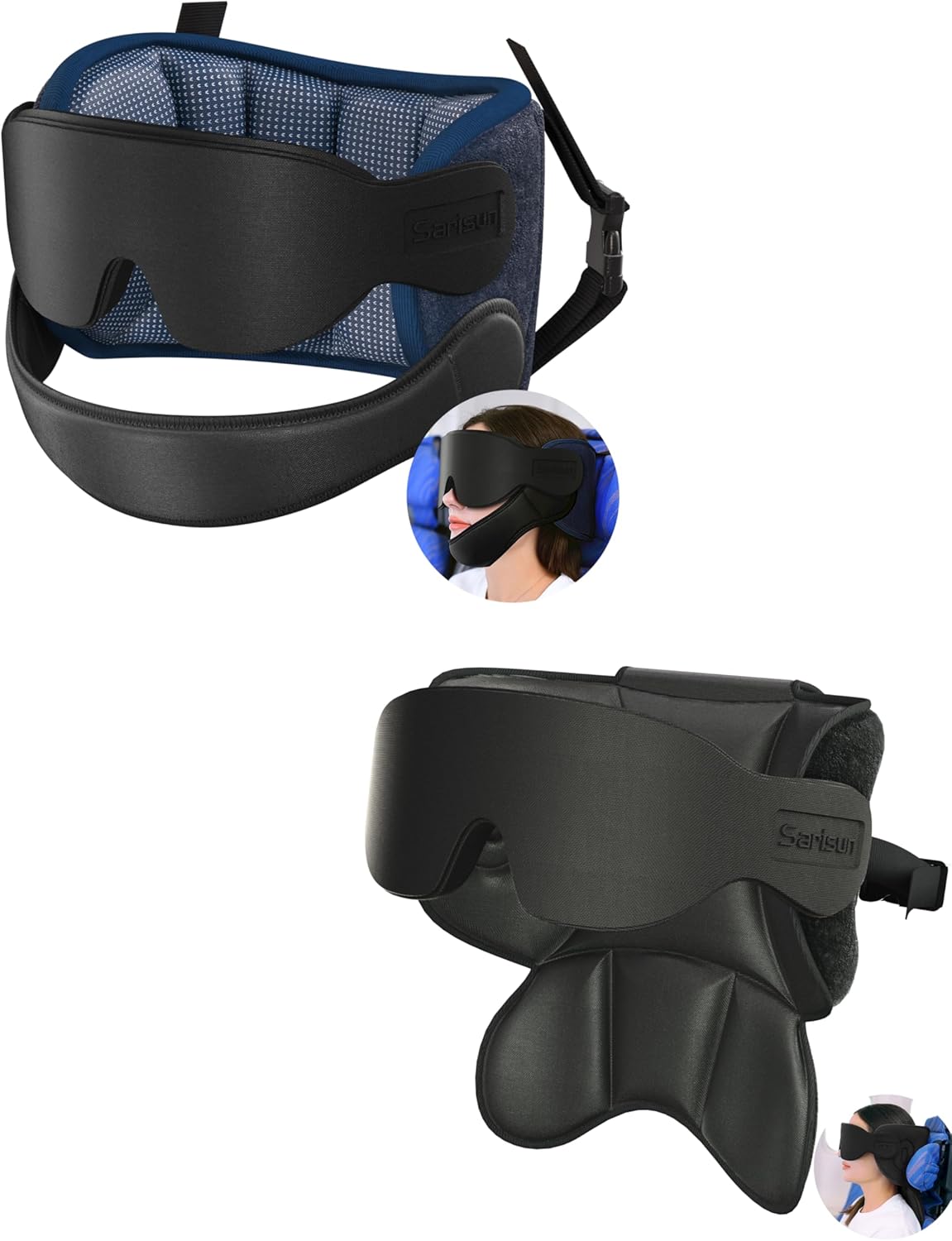 Travel Pillows Chin Strap and Upgrade Airplane Neck Pillow for Long Flight, Airplane Head Strap with Eye Mask for Sleep, 360° Support Headrest, Stop Bobblehead