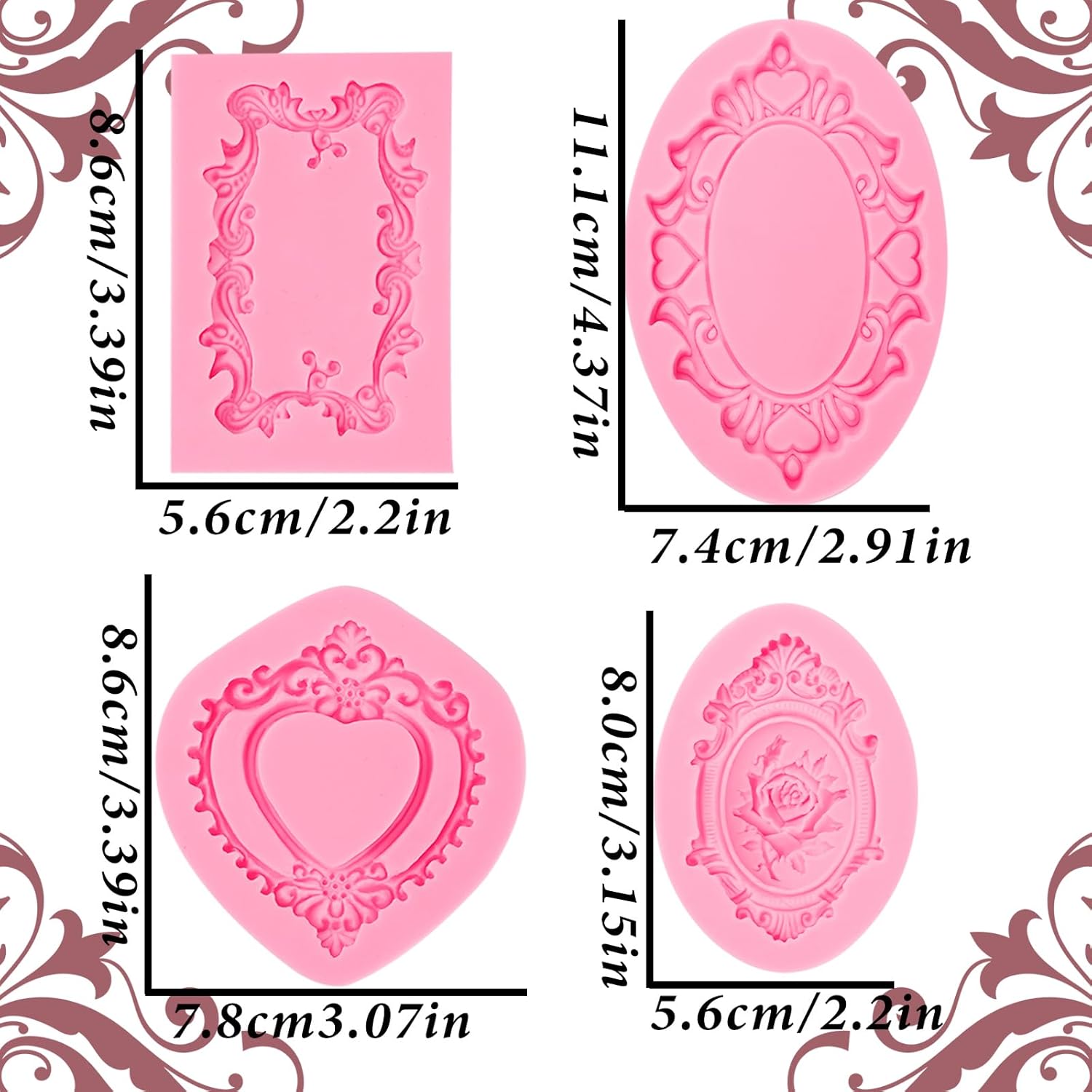 Baroque Love Mirror Frame Silicone Mold,European Scroll Relief Fondant Mold,Retro Rose Picture Frame Chocolate Mold,for Cake Decoration,Gum,Marzipan,Flower Paste,Resin,Clay Crafts Set of 4 - Image 5