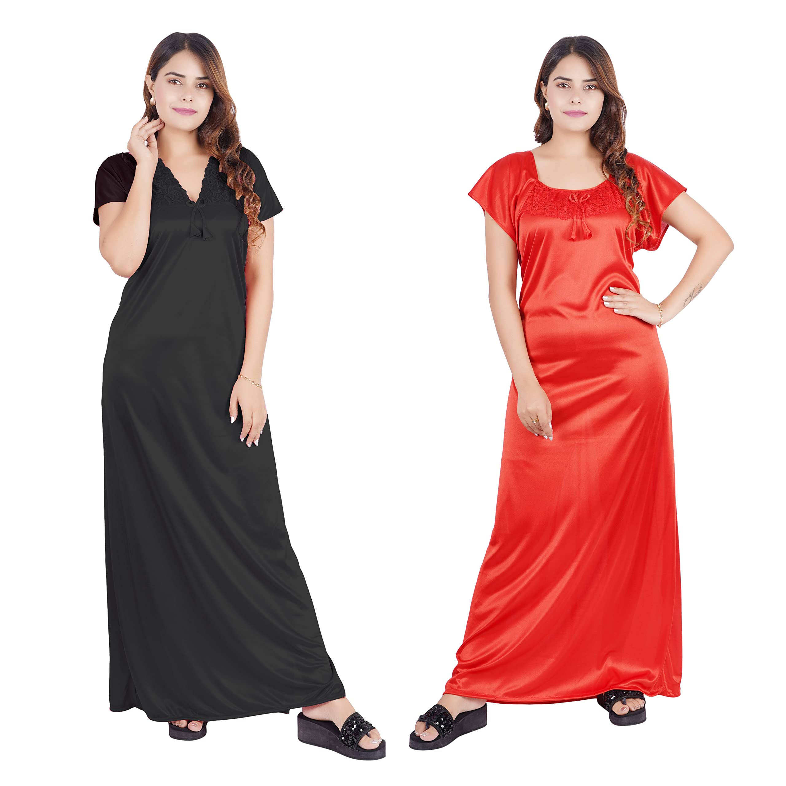 REN STAR(Article-453 Women's Satin Nightwear Nightgown/Nighty/Maxi (Size-L, Color-Black & Red) Pack of 2