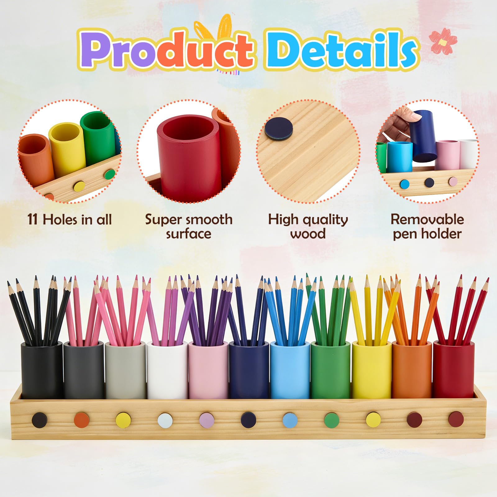 Portapenne e organizer da scrivania in legno massiccio, 11 scomparti, 46 x 5,8 x 8 cm, in legno con finestrelle, portapenne per scuola, home office e cameretta dei bambini