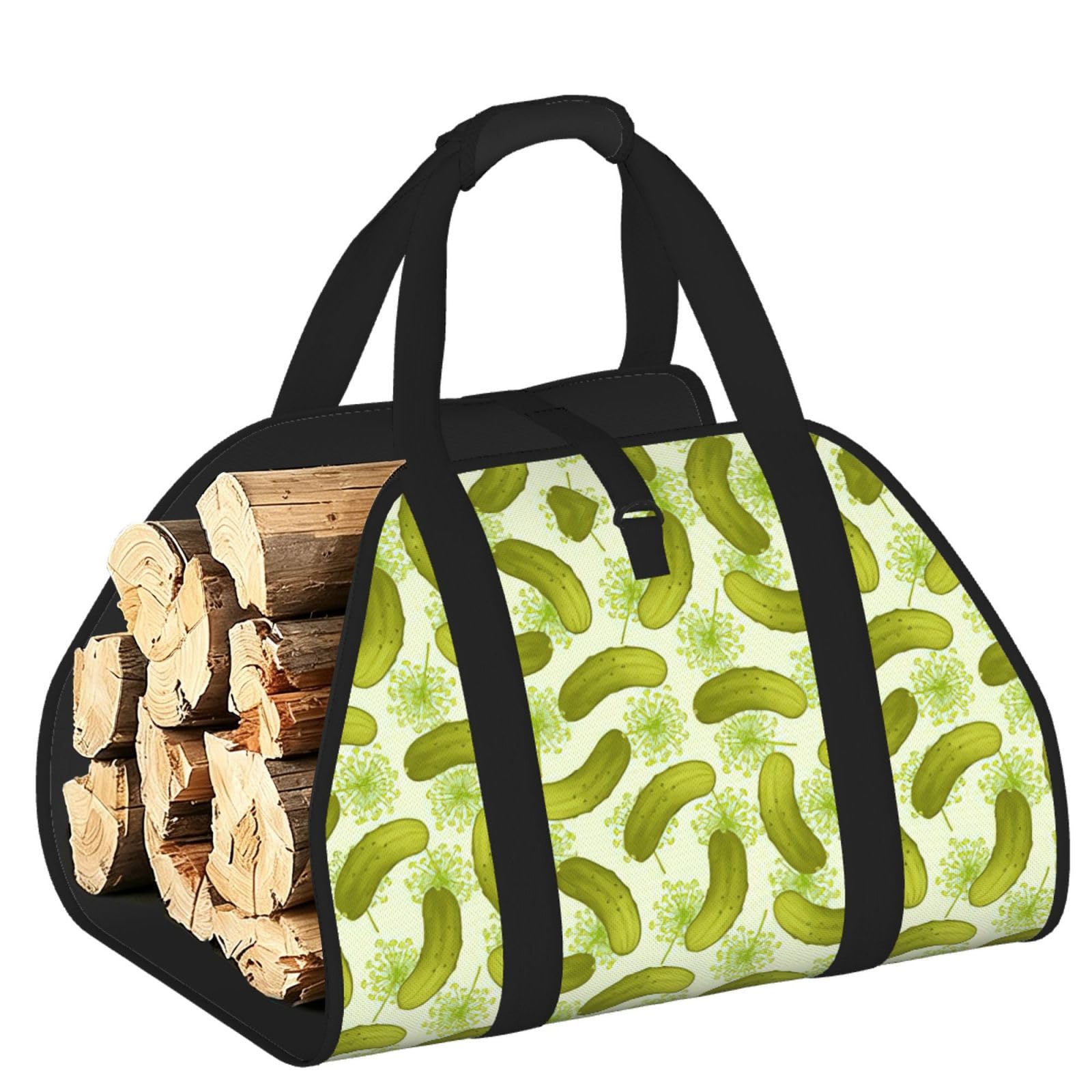 Sushi Dill Pickles Printed Firewood Carrier Bag, Log Tote with Open-Ended Design for Camping Outdoor Wood Hauling