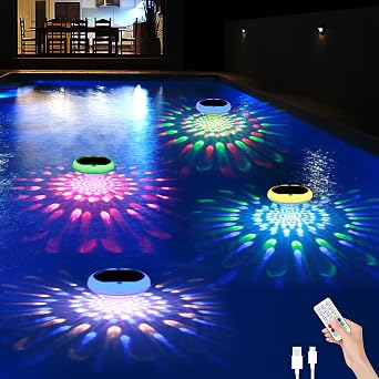 Solar Floating Pool Lights, 2600mAh USB Rechargeable Pool Lights That Float with Remote, 6.7 IP68 Waterproof Floating Light, 13 Colors Changing Upper and Lower Glow Hangable Solar Light for 6 PACK