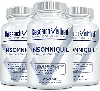 Research Verified Insomniquil - Valerian Root, Chamomile, Lemon Balm, Passionflower, Hops, Melatonin - 3 Bottles (180 Capsules) -Vegan