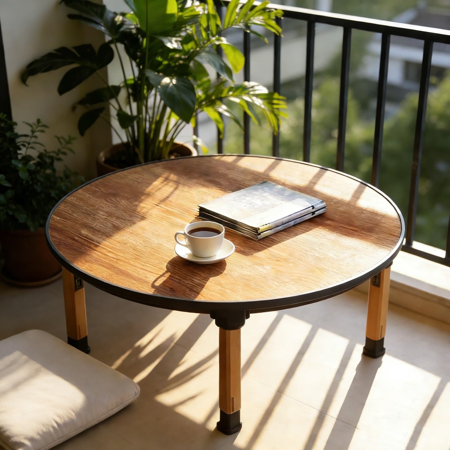 Table Basse Japonaise en Bois Massif Pliable et Ronde 60cm