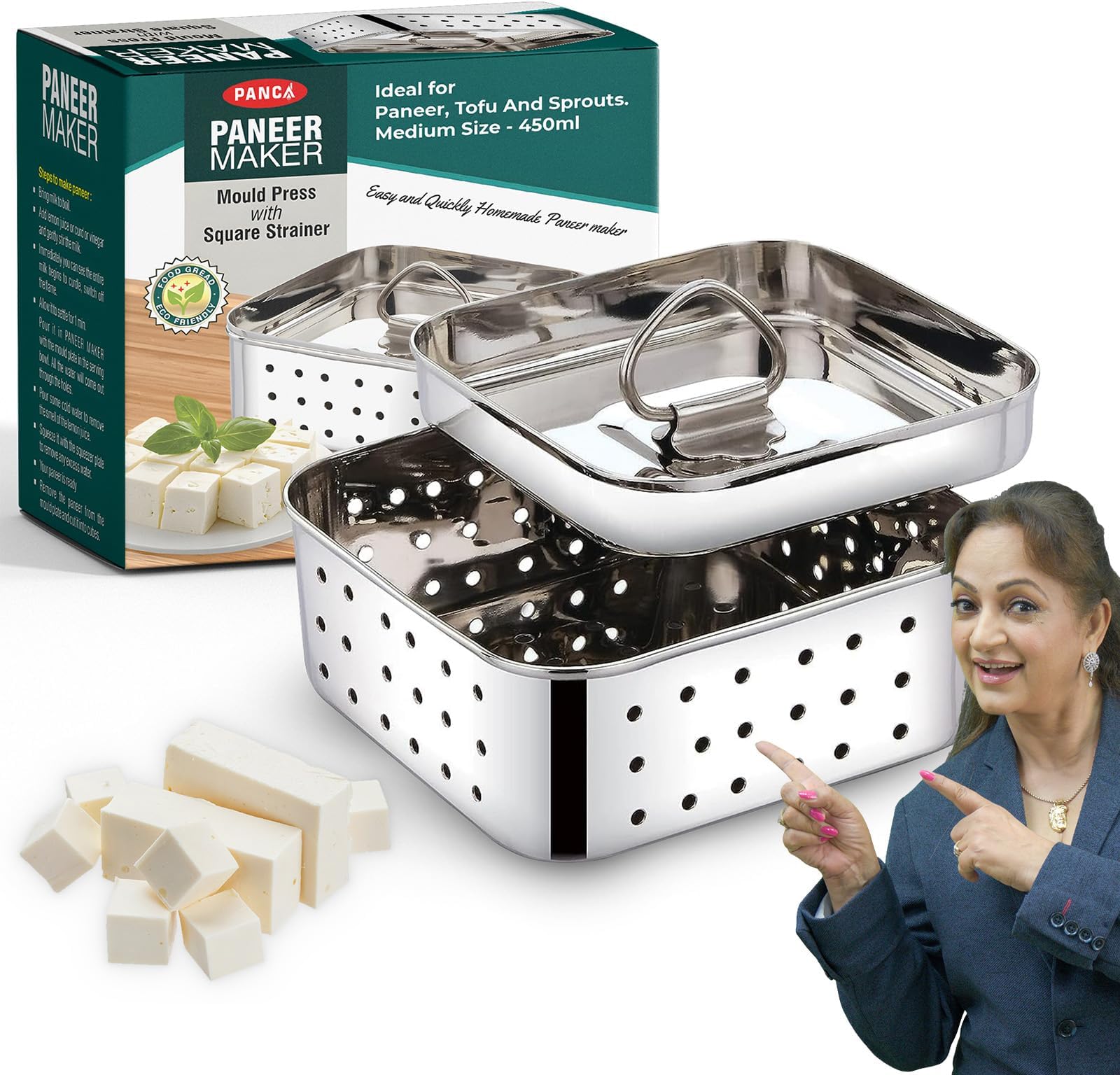 PANCA Stainless Steel Square Shape Indian Paneer/Tofu Press Mould Maker (450 Ml), Size-12.5X12.5X4.5 Centimeters, Silver (Medium)