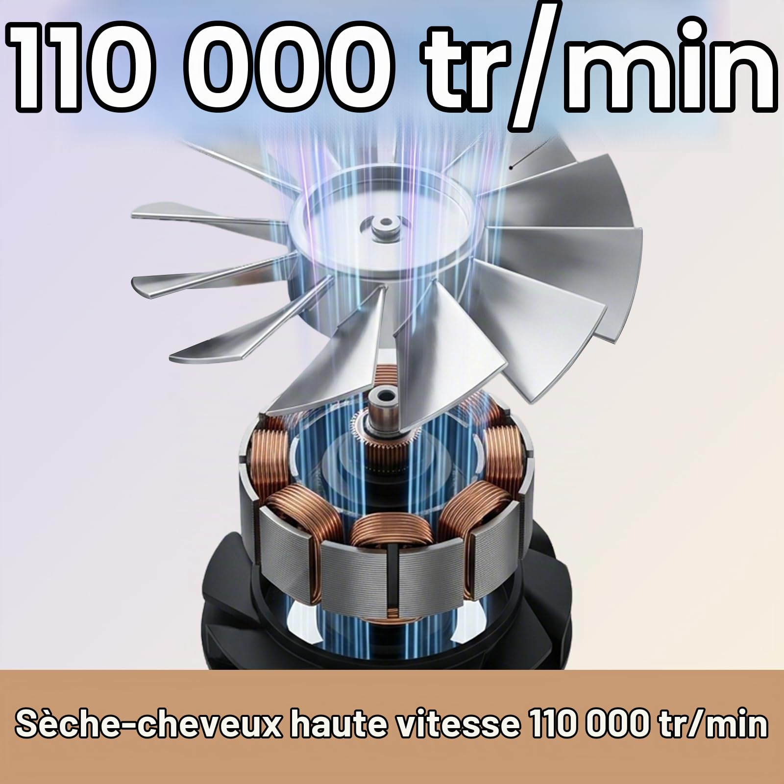 Sèche-Cheveux Ionique 110 000 tr/min, Séchage Rapide en 2 minutes, Technologie Anti-Frisottis à 300 millions d'anions, Silencieux 50 dB, 4 Réglages de Chaleur et 2 Vitesses
