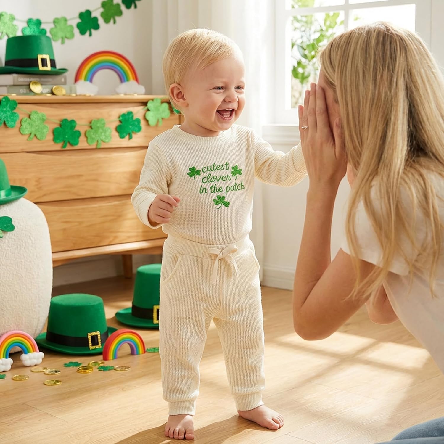 Douhoow Baby Boy St Patricks Day Outfit Infant Boy Girl My 1st St Patricks Embroidered Baby Sweatshirt Romper Pants Set - Image 4
