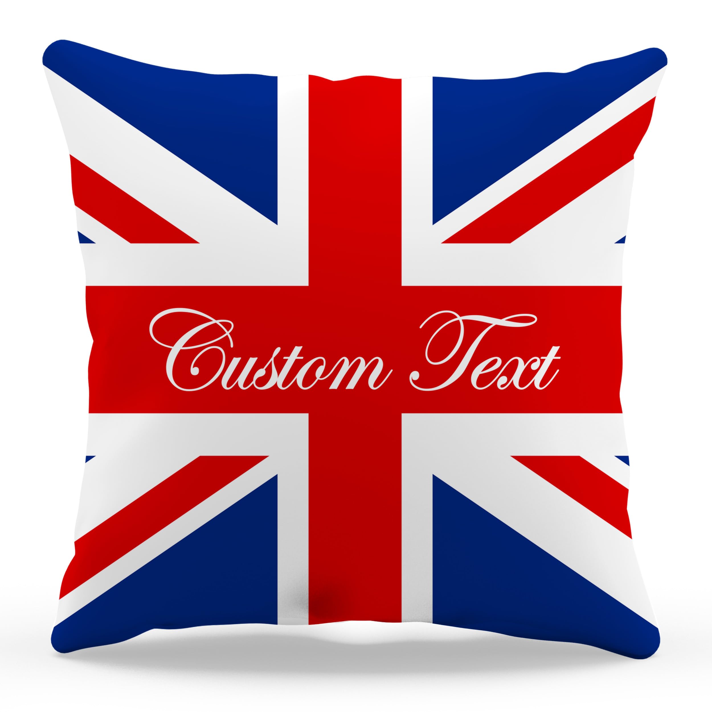 Purple Print House Personalised Union Jack Cushion Custom Text Home Accessory with Patriotic Design for VE Day, 40cm x 40cm, White