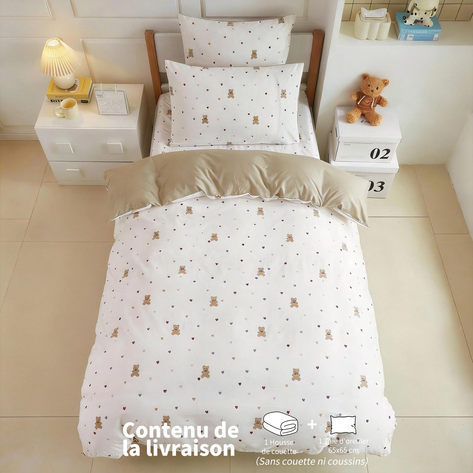 Housse de Couette 140x200 Enfant Fille Motif Cœurs Ours 100% Coton