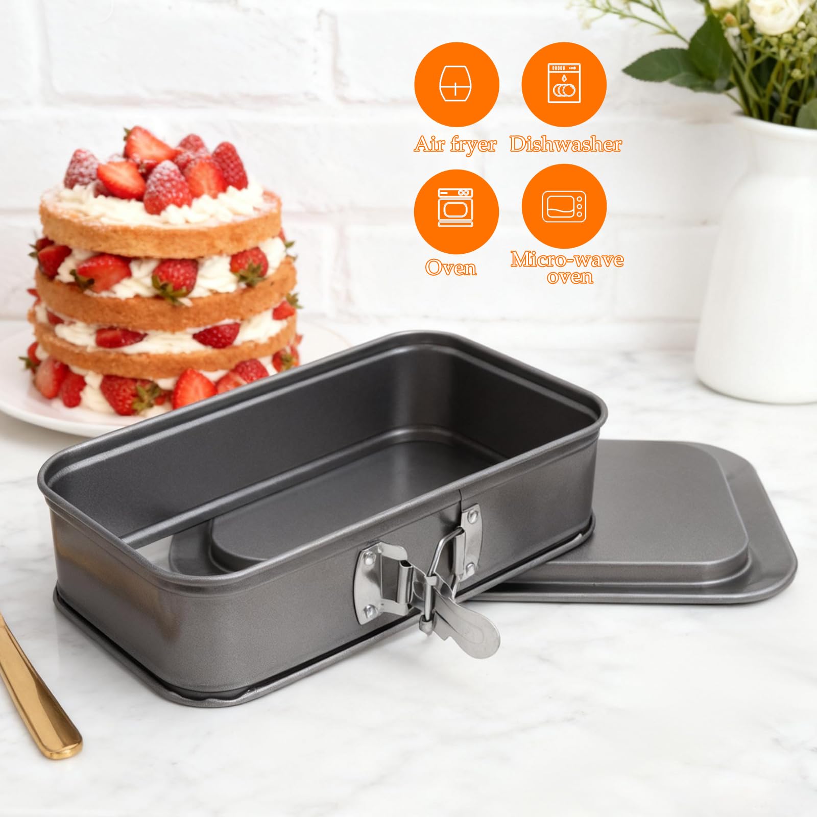 Backform Rechteckig 18x6,6cm mit Springform Eckig Set Antihaft Kuchenform mit Servierboden & 3 Silikon Teigschaber Rechteckige Backform für Blechkuchen & Käsekuchen Zuhause und als Geschenkset