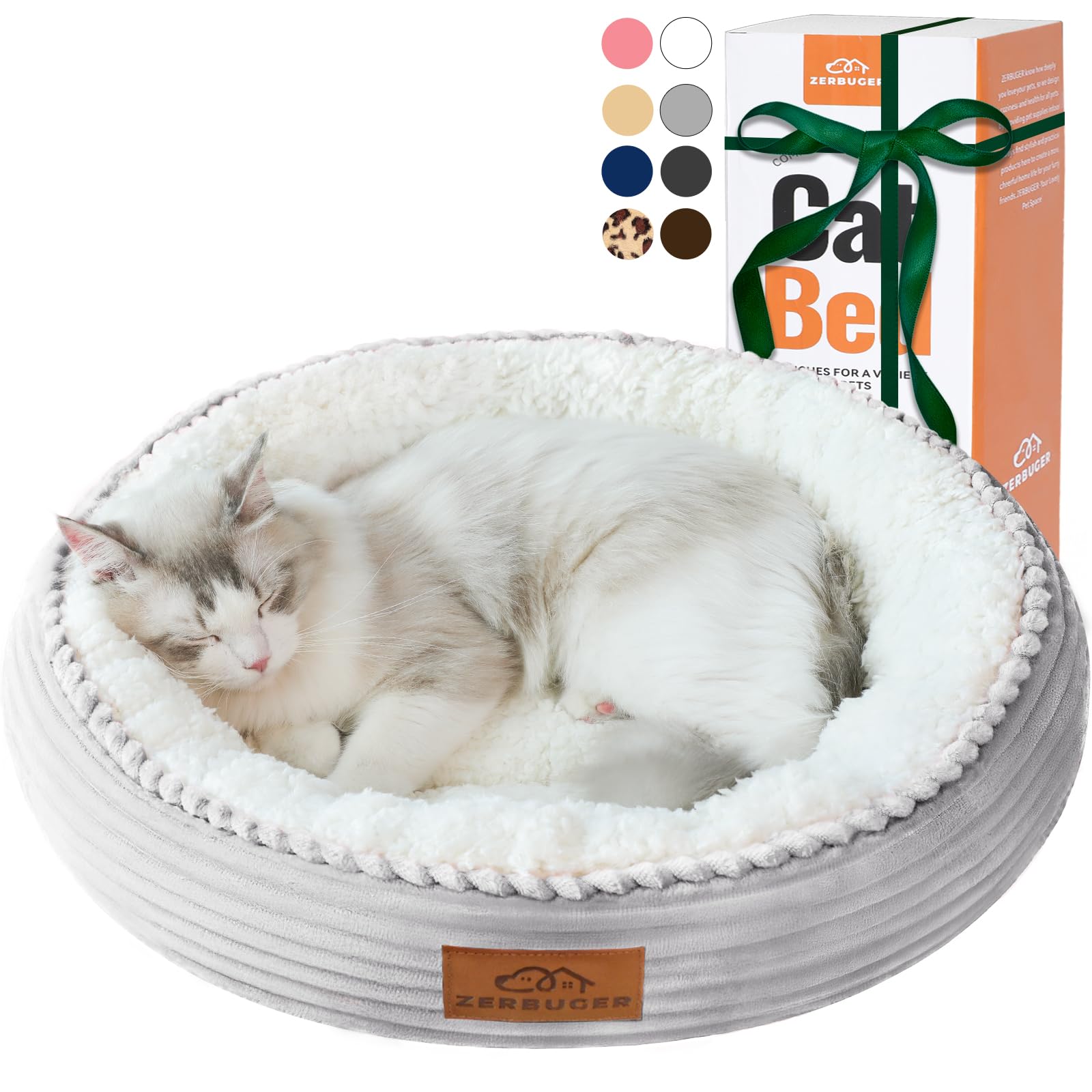 Zerbuger 20in Washable Cat Beds for Indoor Cats - Round Donut Pet Bed for Cats, Small Dogs, Puppy, Kitten - Anti-Slip Bottom, Calming Bed Gift - Ideal for Every Home Space - Light Grey