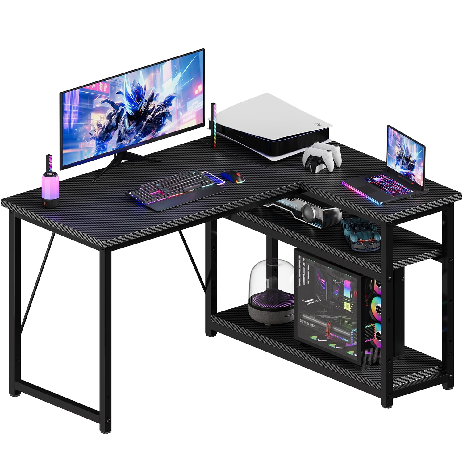 JUMMICO Small 100x80cm L-Shaped Corner Desk with Storage,Compact Corner Computer Desk for Home Office, Carbon Fibre Black