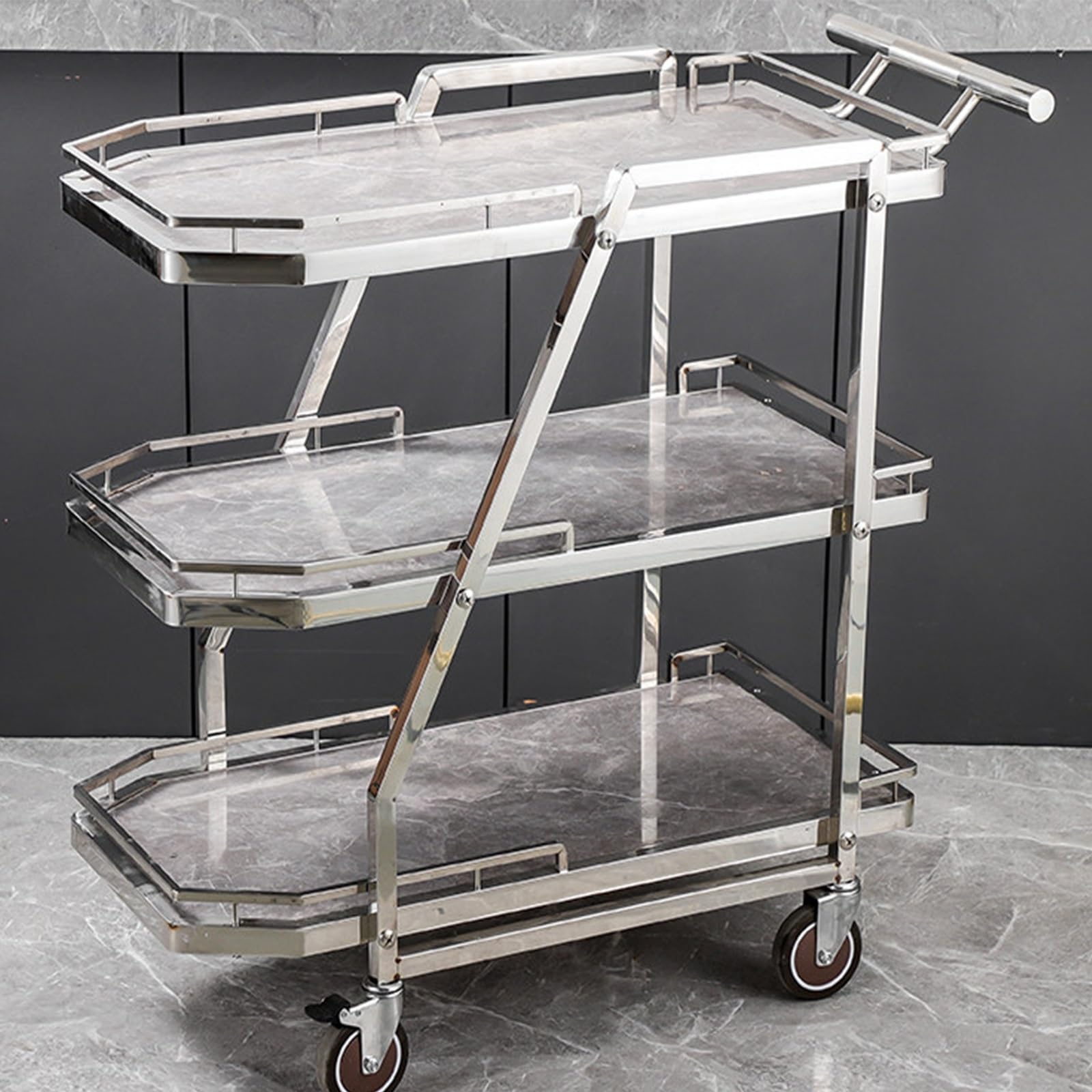 3 Tier Stainless Steel Rolling Serving Cart, Rock Panel Utility Trolley for Restaurant KTV Hotel Food Snack Drinks Transport(G)