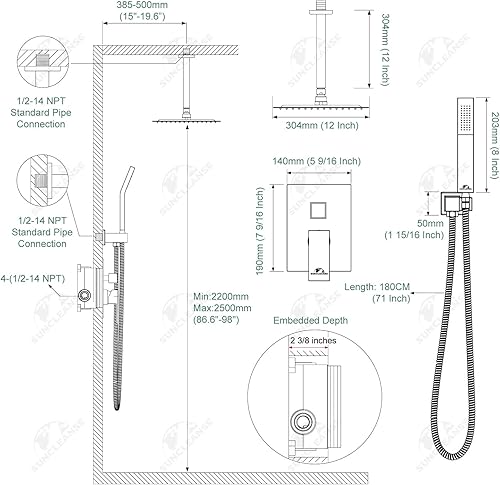 Miniatura 7 de SunCleanse Sistema de ducha de lluvia de bronce aceitado, juego combinado con cabezal de ducha cuadrado de alta presión de 12 pulgadas, grifo de
