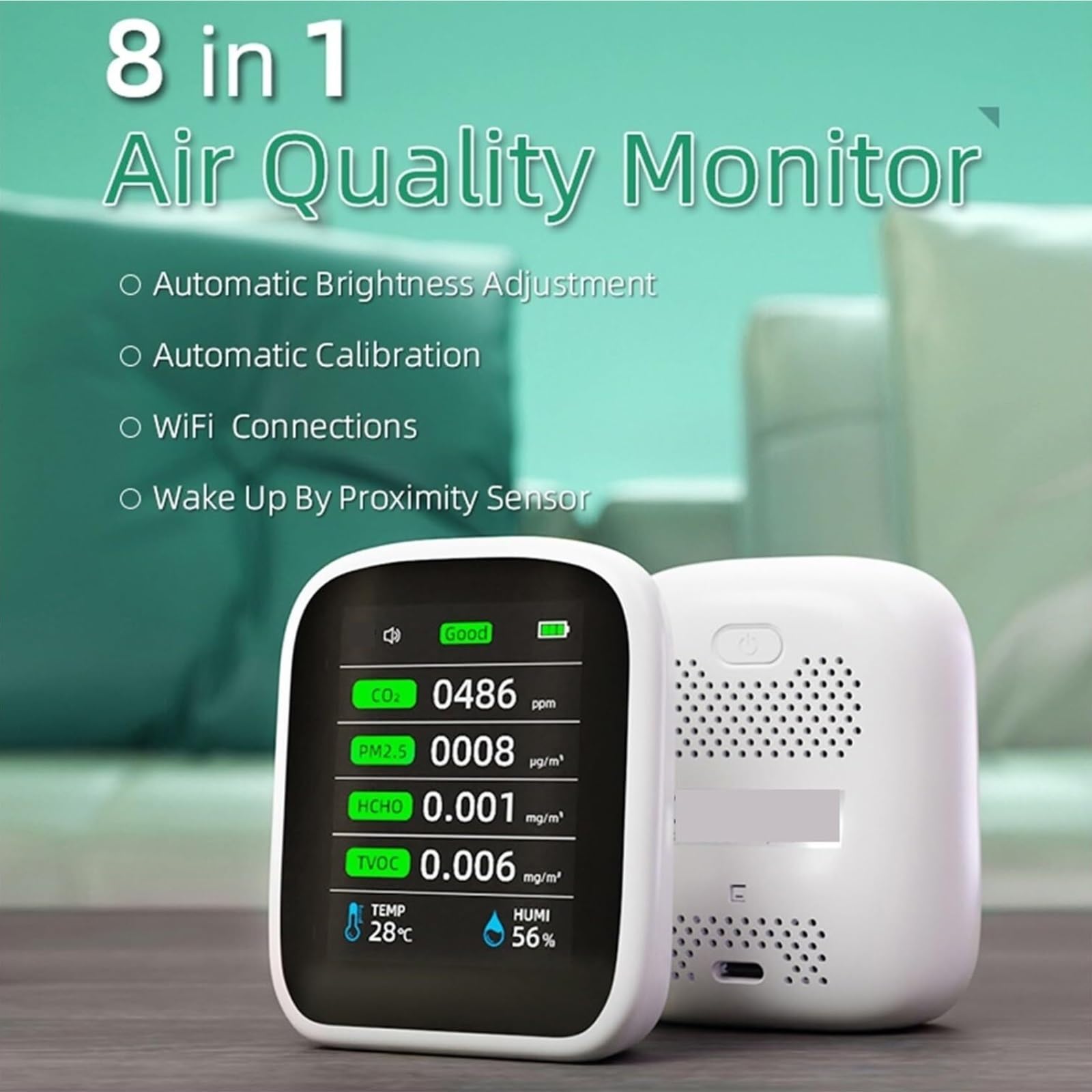 monitor di co2, Rilevatore Di Qualità 'aria WiFi 8 In 1 PM1.0 PM2.5 PM10 Sensore Anidride Carbonica per casa, ufficio, auto