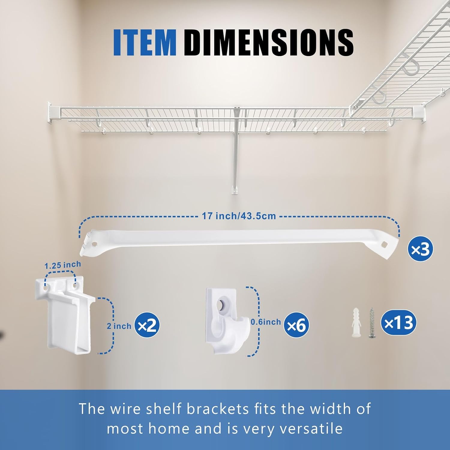 12 Inch Wire Shelf Brackets Set, 3 Pcs Support Brackets Kit for Wire Shelving, Include Mental Closet Support Brace, Down Wall Clips and End Bracket, Suitable for Wardrobe and Wall Bracket Installation