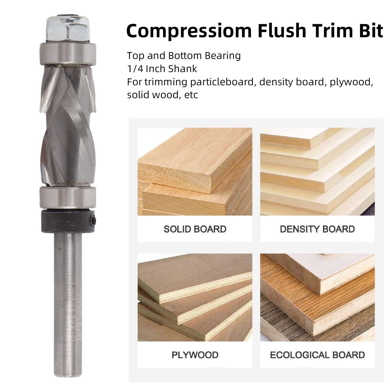 Compressiom Flush Trim Bit, 1/4 Shank Spiral Woodworking Router Bit Top and Bottom Bearing 1 Inch Length 1/2 Diameter