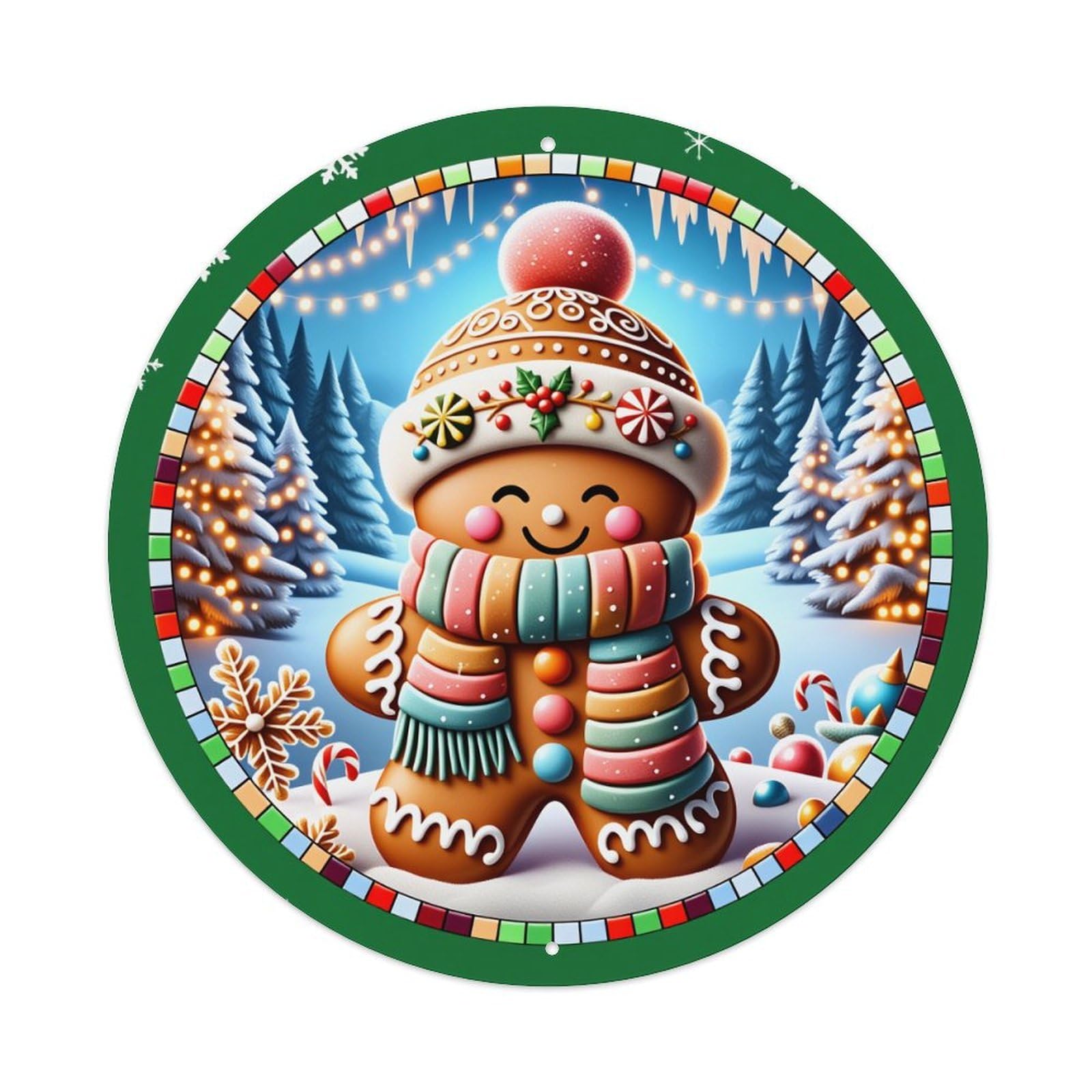 Gingerbread Man Winter Scene Pattern Round Tin Sign Vintage Metal Poster Retro Bar, Home, Man Cave, Kitchen, Laundry Room Wall Art Decor Gift 8x8Inch