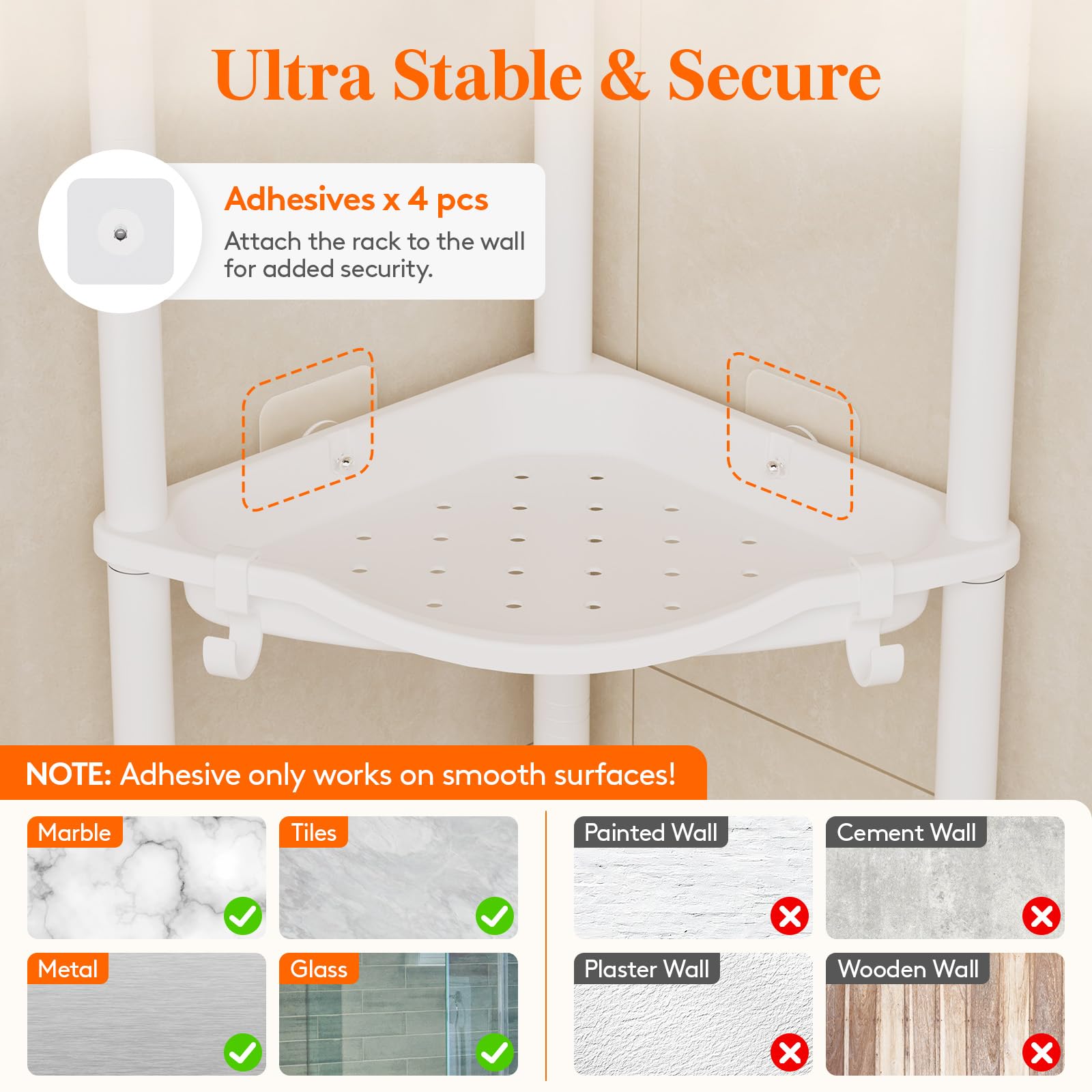 Lifewit Floor Standing Shower Caddy Corner, Plastic Metal Rustproof Corner Stand for Bathroom Kitchen with 4 Hooks - Image 4