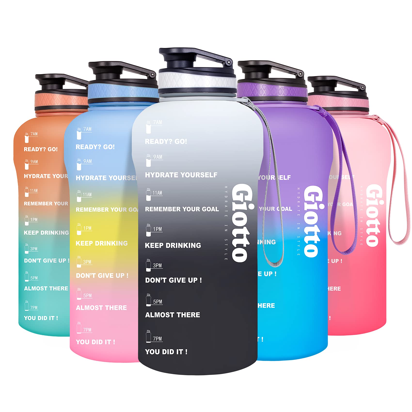 Giotto Large Half Gallon/64oz Motivational Water Bottle with Time Marker & Removable Strainer, Leakproof BPA Free Water Jug to Remind You Drink More Water, Hydrate in Style