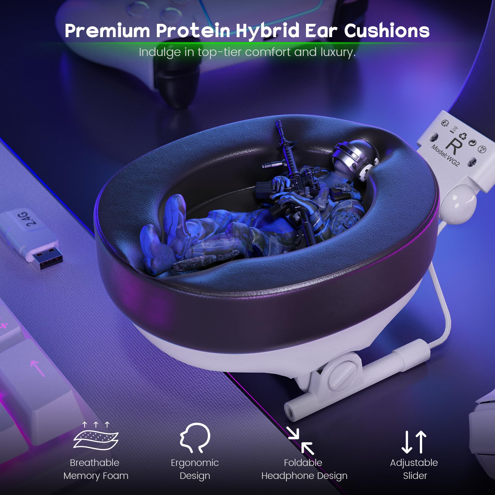 WESEARY WG2 Cascos Gaming Inalambricos, Auriculares Gaming Inalambricos de 2.4G para PS5, PS4, PC, Switch, Sonido Estéreo 7.1 Auriculares con Microfono, Cascos Gaming con Luz LED, Duración 50Hr+
