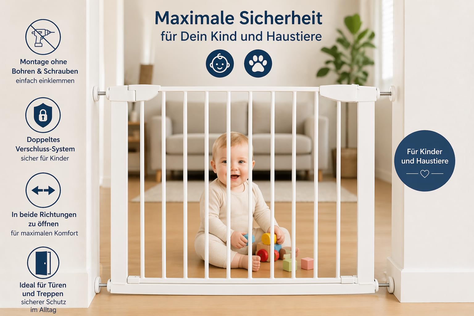Fiducia Türschutzgitter Treppenschutzgitter erweiterbar bis 102 cm Ohne Bohren Hundegitter Türschutz für Ihr Baby & Haustier Türgitter Kindergitter (75-102 cm)