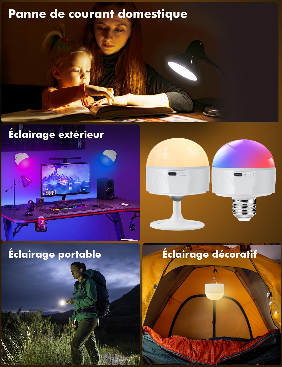 Ampoule Rechargeable USB-C avec Telecommande, E27 5W LED Ampoules Batterie de 2800mAh Tactile Dimmable avec 9 Couleurs RVB + 3 Températures de Couleur (3000K-4000K-6000K)