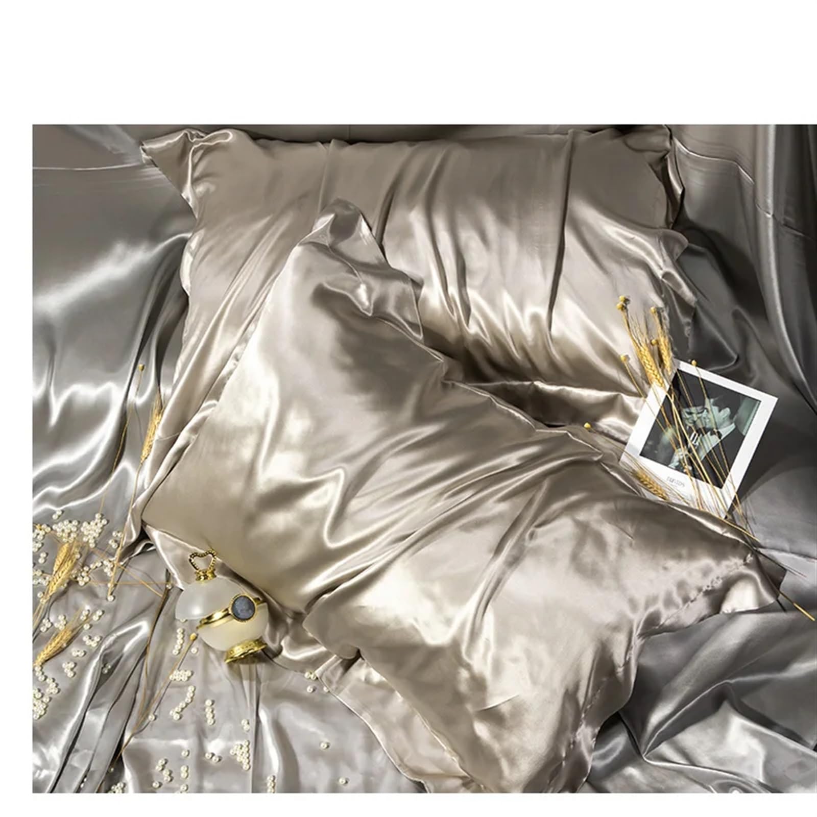 Fundas de Almohada de satén con Cremallera， Mora Natural Pura de Doble Cara(Pistachio)
