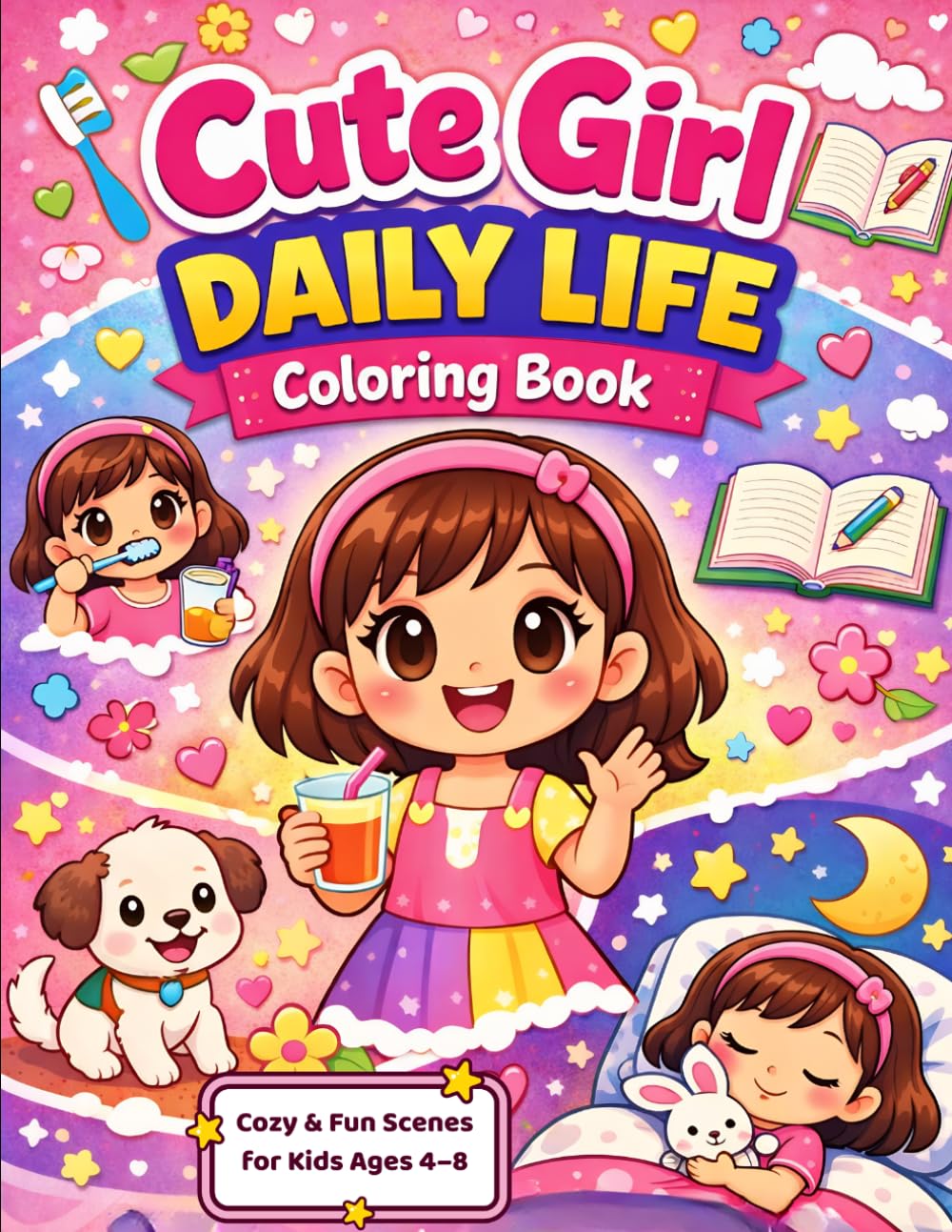 Cute Girl Daily Life Coloring Book: Cozy & Relaxing Scenes for Stress Relief | Bold & Easy Designs | Single-Sided Pages