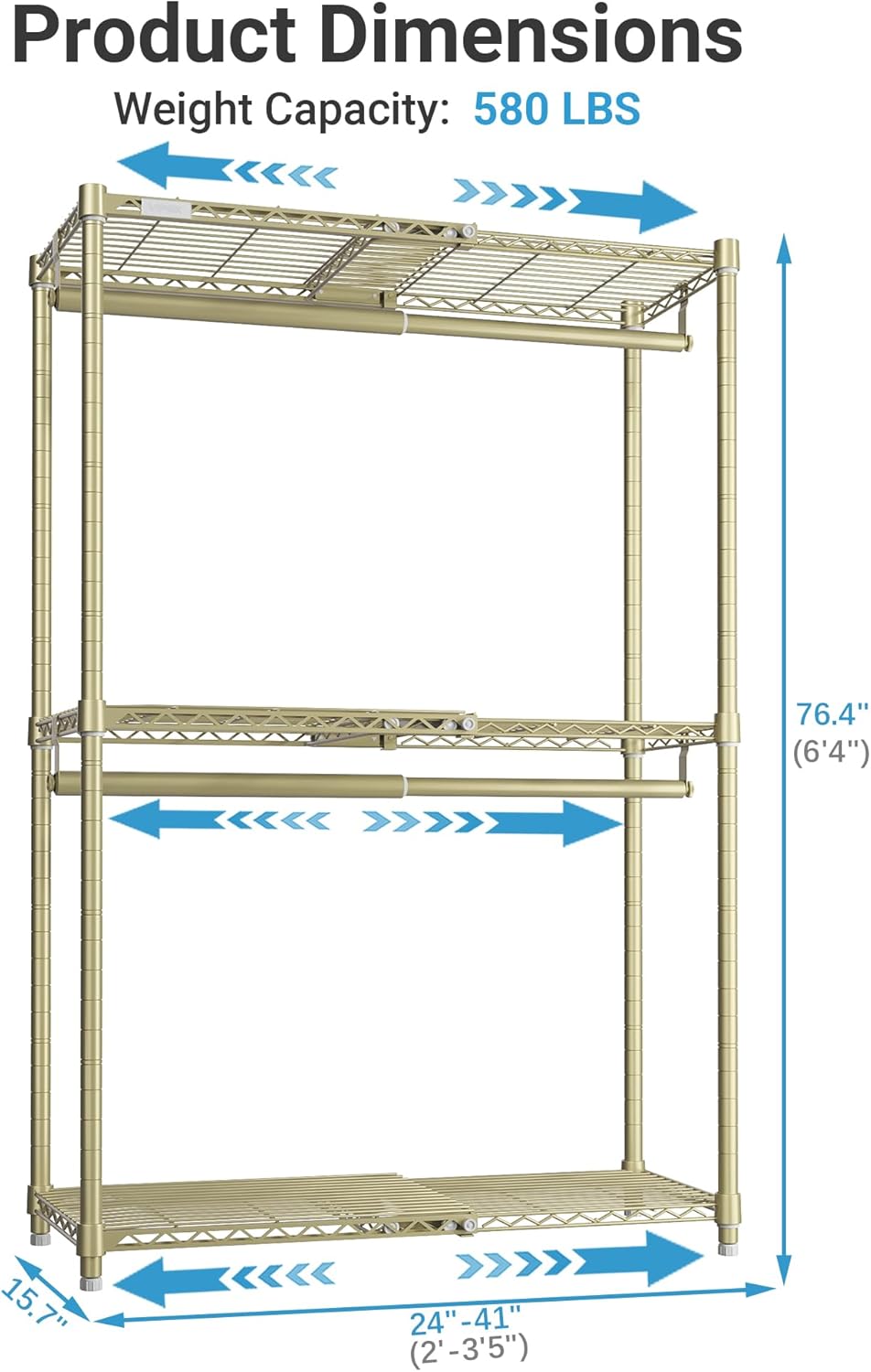 VIPEK X1 Expandable Clothes Rack Heavy Duty Adjustable from 2' to 3'5" with Adjustable Shelves and Hanger Rods, Reach-in & Walk-in Closets Metal Garment Racks Portable Closet, Gold