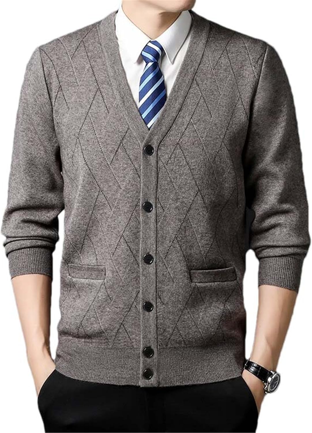 Autumn Men's Cardigan Striped Plaid Business Casual Buttons Knitted Sweater Warm Tops Ribbed Cuffs