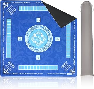 Mahjong Mat with Game Rules & Carrying Bag, 32x32 Inch Non-Slip Noise-Reducing Rubber Mat for Mahjong, Poker & Board Games (Blue)
