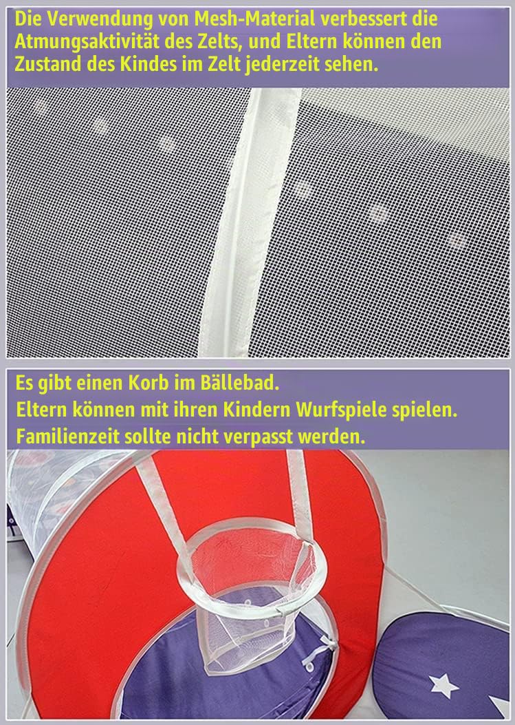 3 in 1 Kinder Spielzelt Kriechen Tunnel und Ballgrube Kinder Spielhaus Zelt mit Basketballkorb, für den Innen- und Außenbereich mit Tragetasche (Navy blau)
