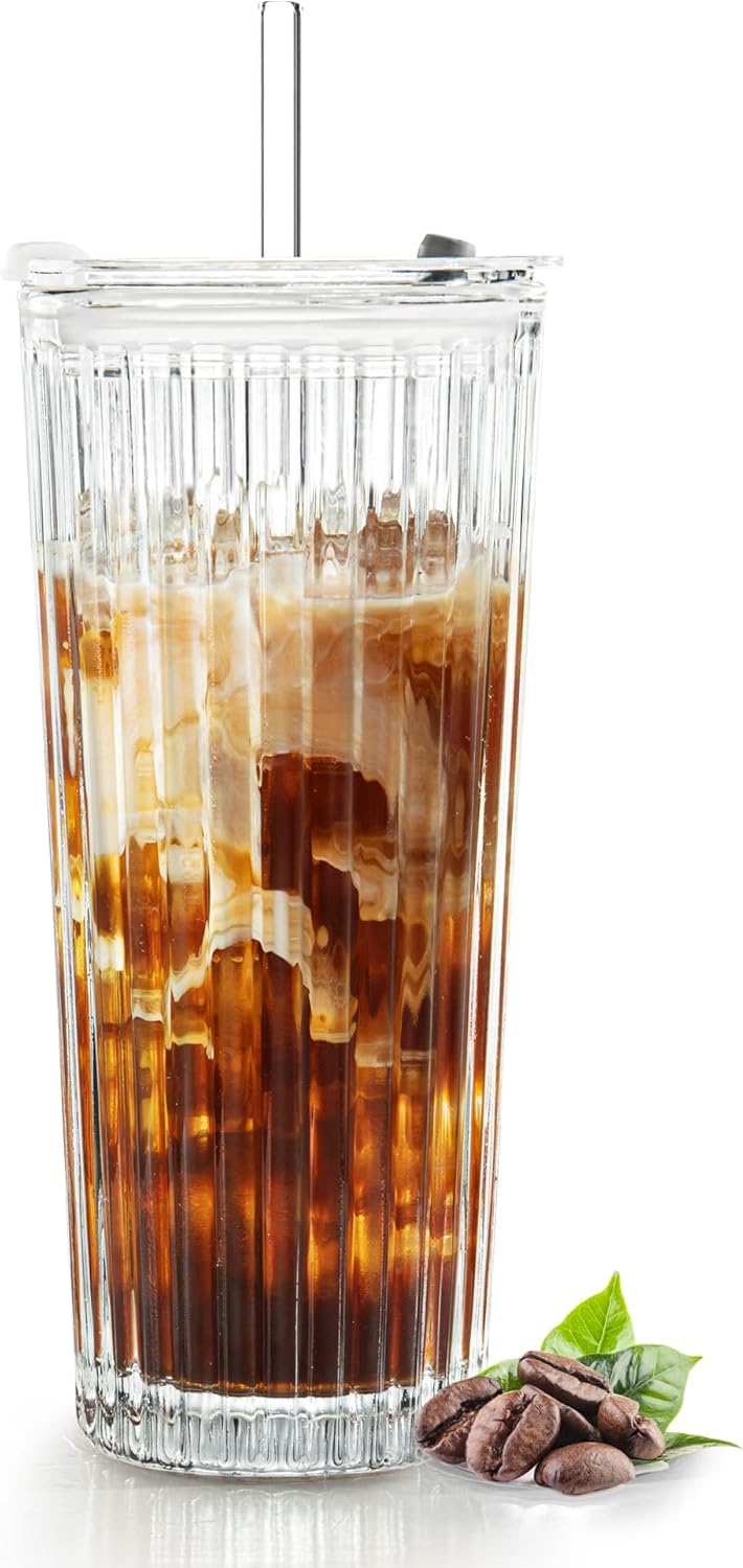 Puraville 18oz Glass Cup with Lid and Straw, Vintage Ribbed Striped Thickened Glassware for Whiskey Cocktail Beer, Mason Jar Drinking Glasses Tumbler Iced Coffee Cup, Clear