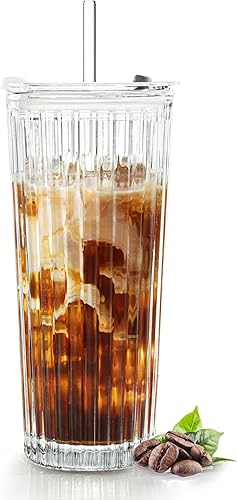 Miniatura 10 de Puraville Vaso de vidrio de 18 onzas con tapa y pajilla, cristalería gruesa con patrón de diamante vintage para whisky, cóctel, cerveza, vaso de