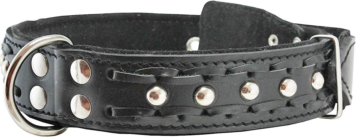 Genuine Leather Braided Studded Dog Collar, Black 1.6" Wide. Fits 19"-24" Neck, Large