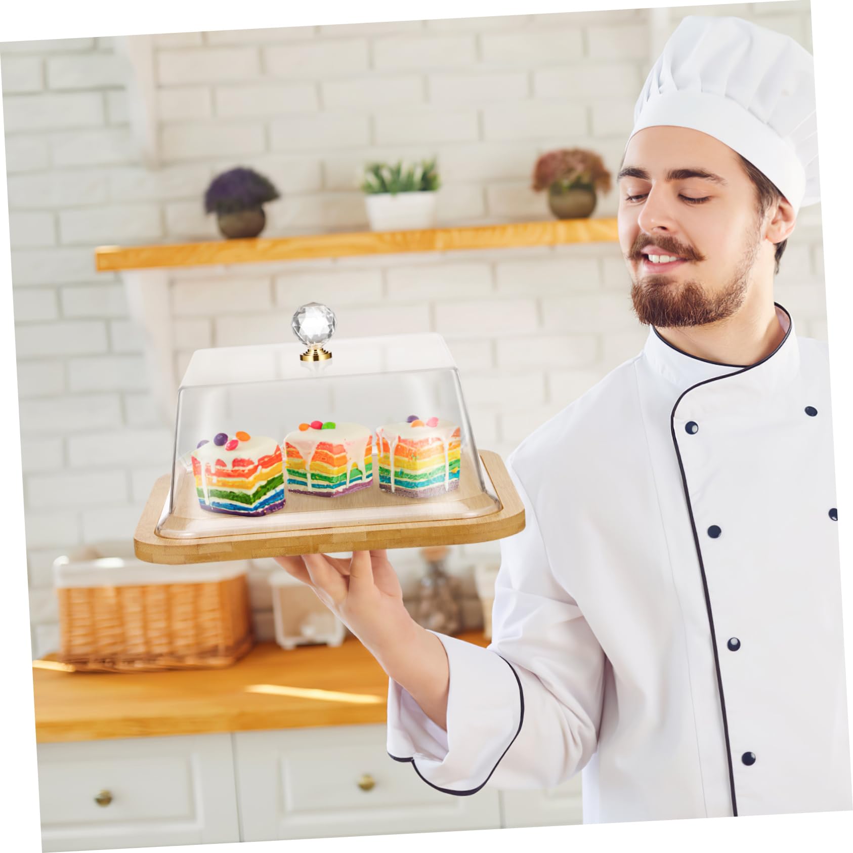 Bandeja para Bizcochos con Tapa Transparente y Base de Madera, Recipiente para Almacenar Pasteles con Diseño Simple Adecuado para Exhibición y Protección de Alimentos