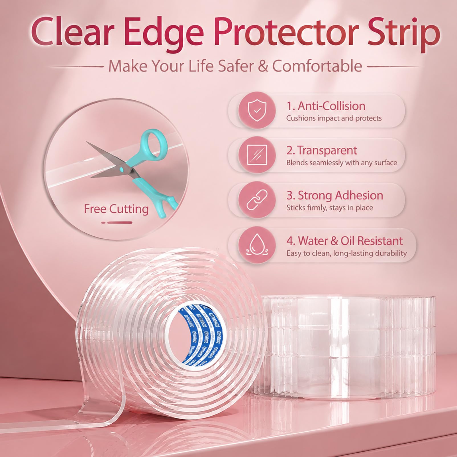 ZOMPAGO Tira protectora de borde transparente, 1.38 pulgadas x 13.12 pies, cinta protectora de borde afilado, protectores de parachoques autoadhesivos para puerta de armario, escritorio, mesa de