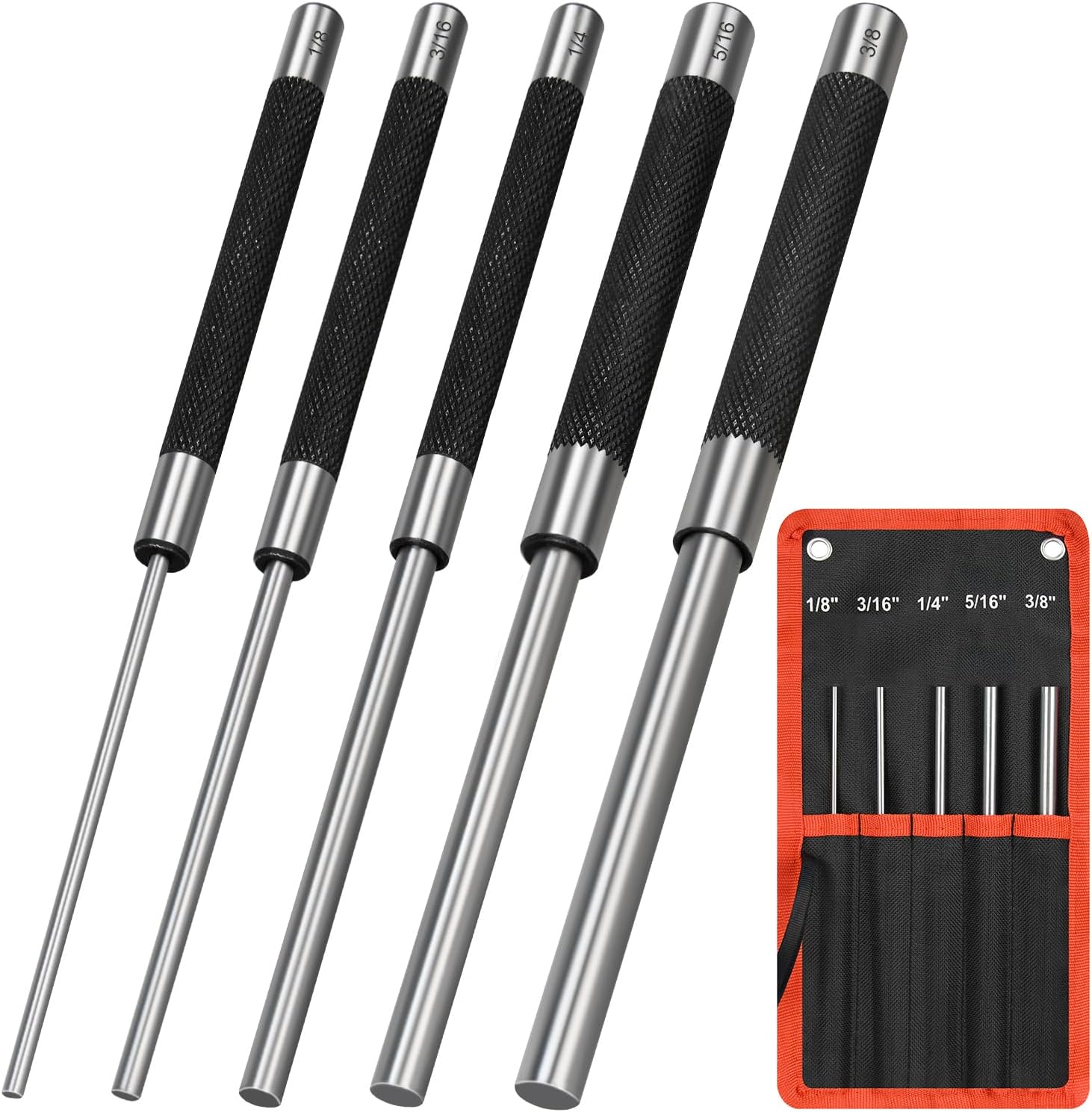 8in Long Carbon Steel Pin Punch Set, 5pcs Pin Punch Sizes 1/8", 3/16", 1/4", 5/16" and 3/8", Removing Repair Tools with Storage Pouch