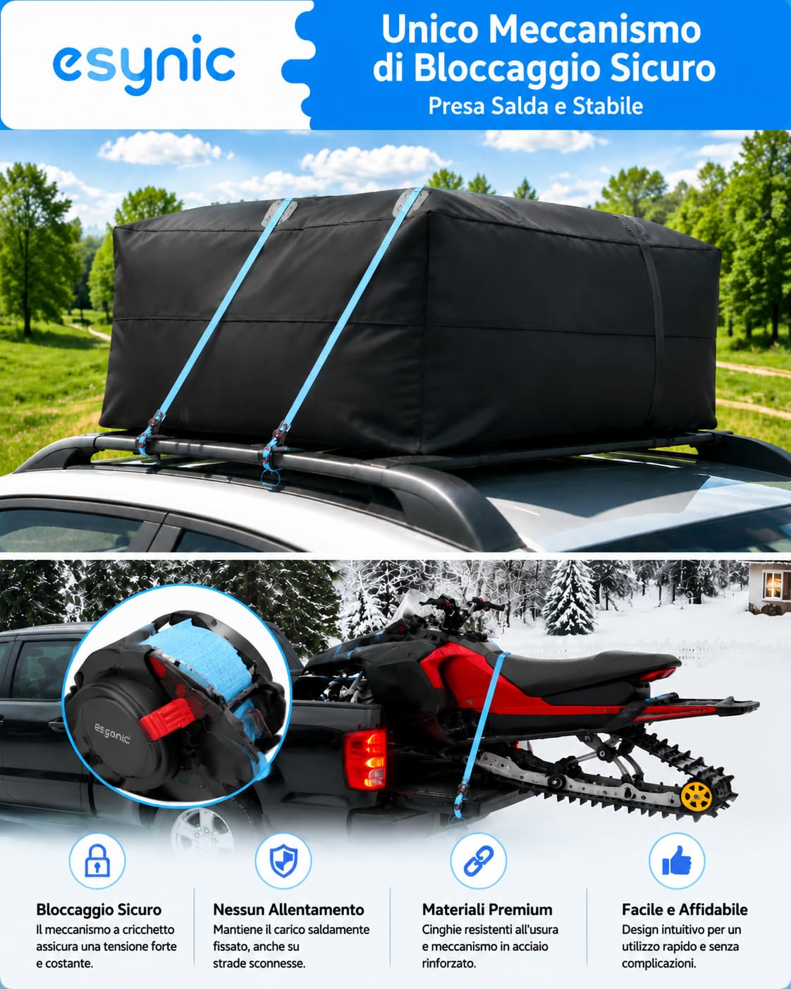 eSynic 4PZ Cinghie a Crichetto 3.5m Ritrattibili Automatico Carico 320KG, Set Cinghia di Ancoraggio Avvolgitore per Trasporto Moto Attrezzature con Gancio a Molla con Blocco, Incluse Fasce Prolunghe