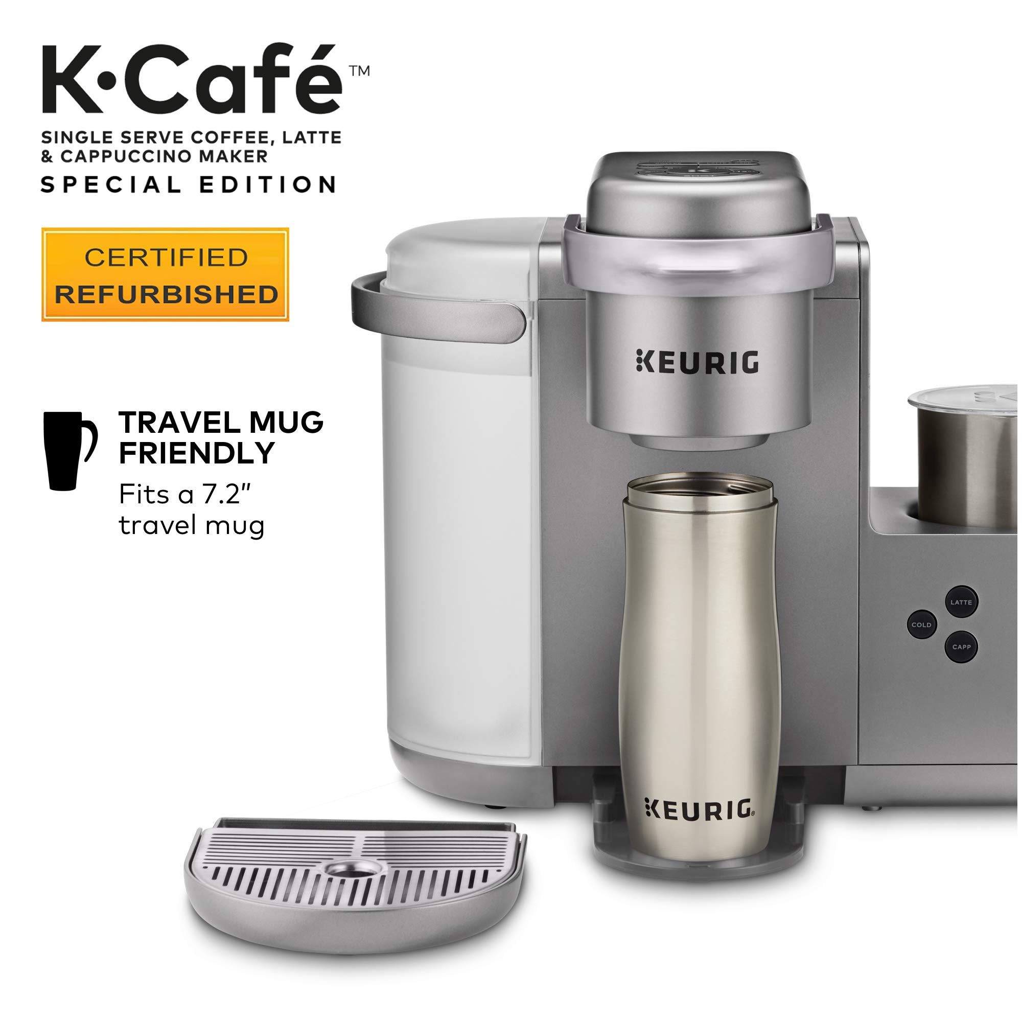 Keurig K-Cafe Special Edition Coffee Maker, Single Serve K-Cup Pod Coffee, Latte and Cappuccino Maker, Comes with Dishwasher Safe Milk Frother, Coffee Shot Capability, Nickel (Renewed)