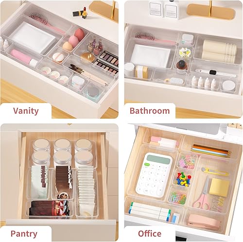Miniatura 7 de Juego de 46 organizadores de cajones de plástico, 4 tamaños transparentes para baño, escritorio, cajones organizadores