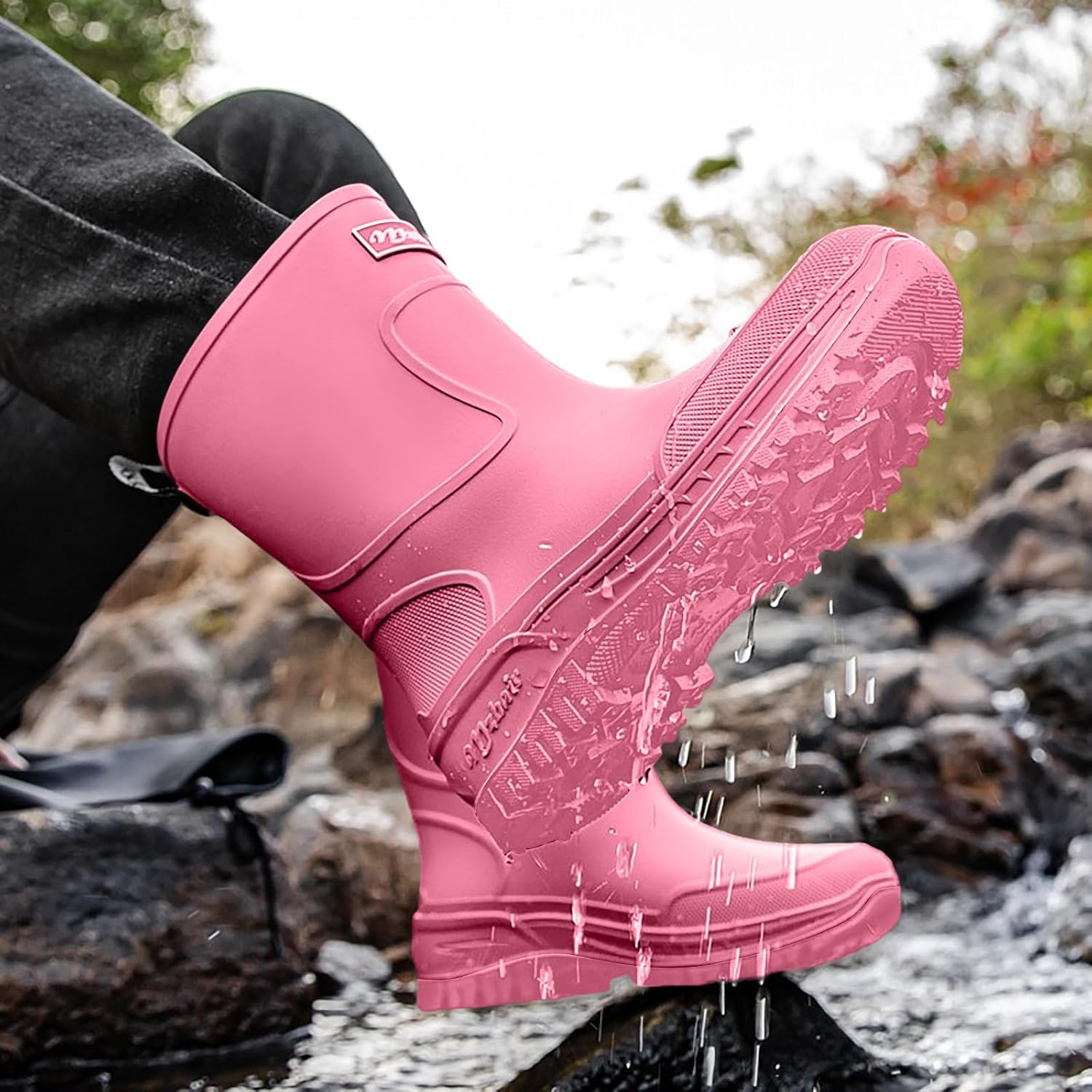 Womens Rubber Rain Boots Outdoor Hiking Tall Waterproof Non Slip PVC Rain Shoes