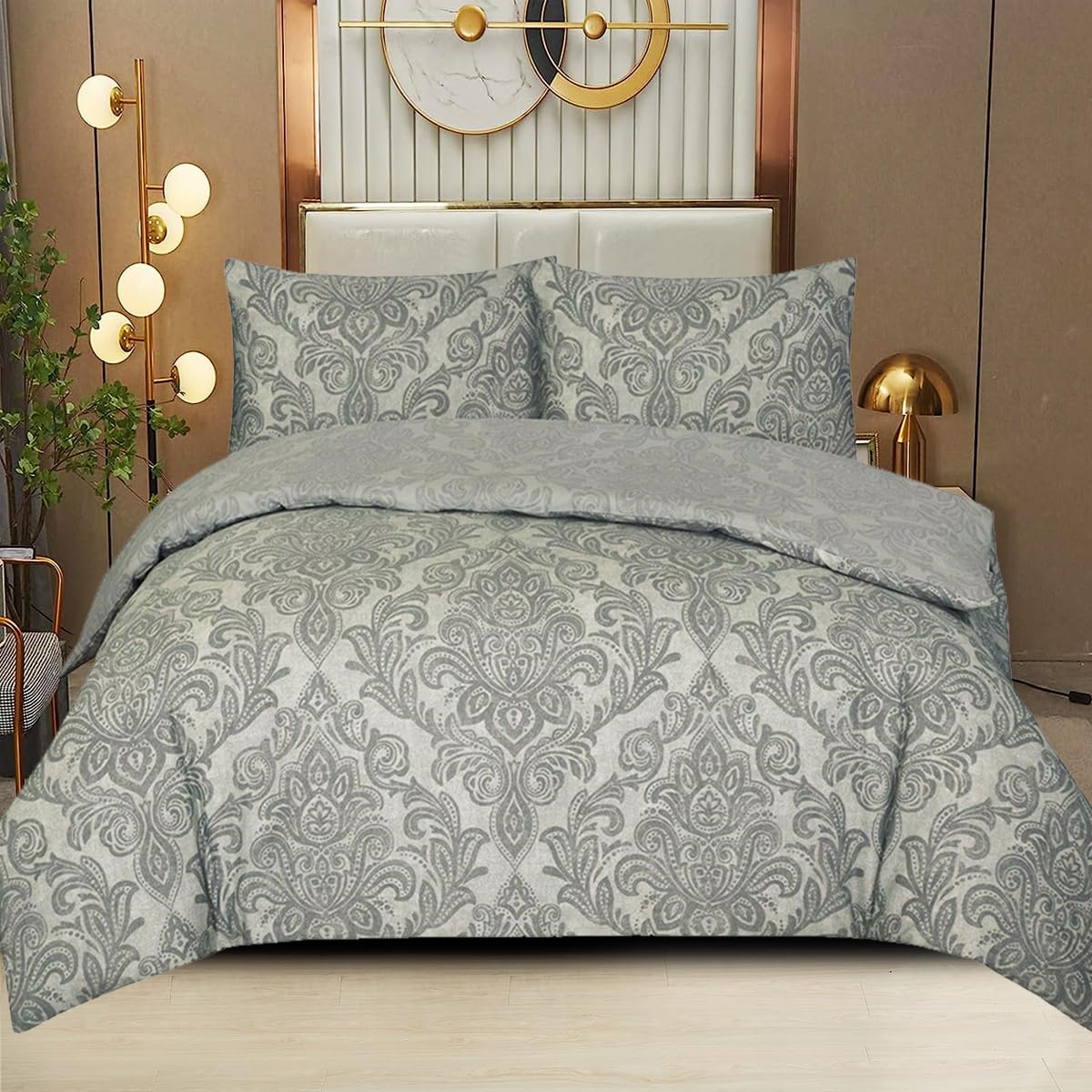 Duvet Cover Set 3 Piece Quilt Cover Bedding Set With Pillow Cases Single,Double,King & Super King Size (Damask Grey, Single) — image 1